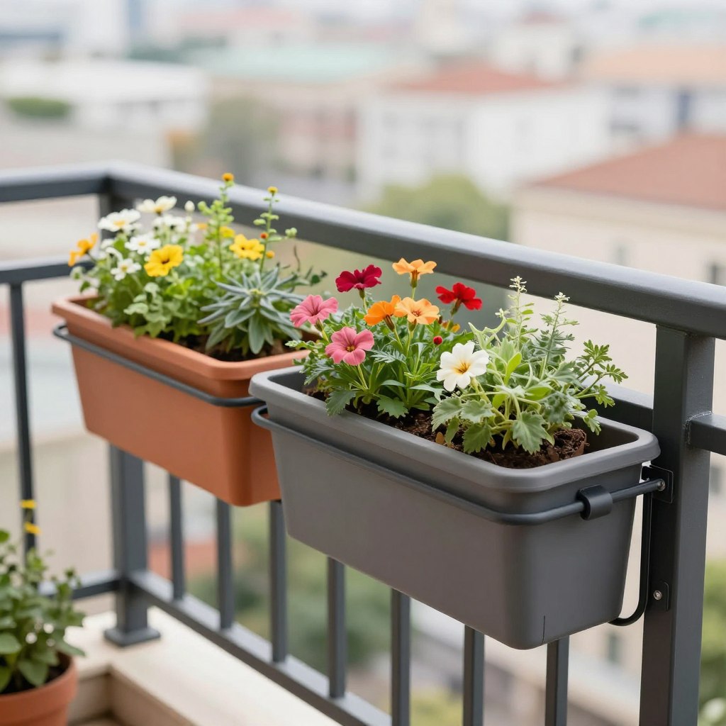 Railing planter boxes set for balcony gardens