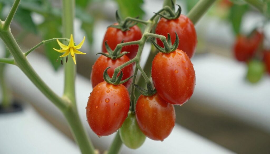 Red cherry tomatoes growing on hydroponic tomato plant with flowers Red cherry tomatoes growing on hydroponic tomato plant with flowers