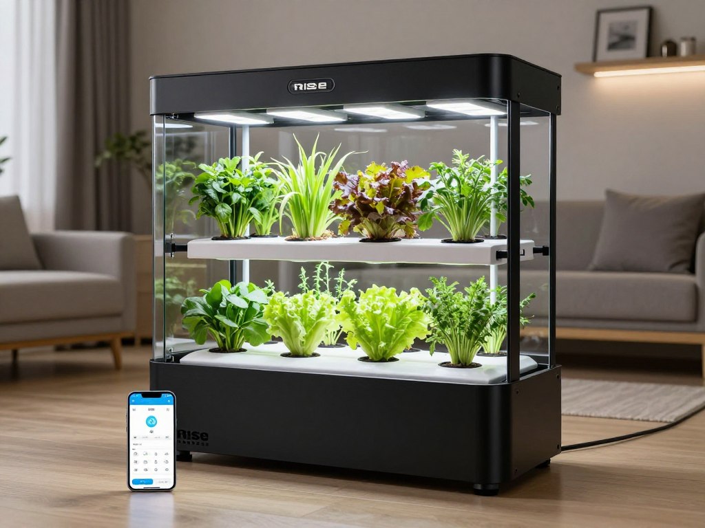 Rise Gardens smart hydroponic system with app-controlled features and modern design