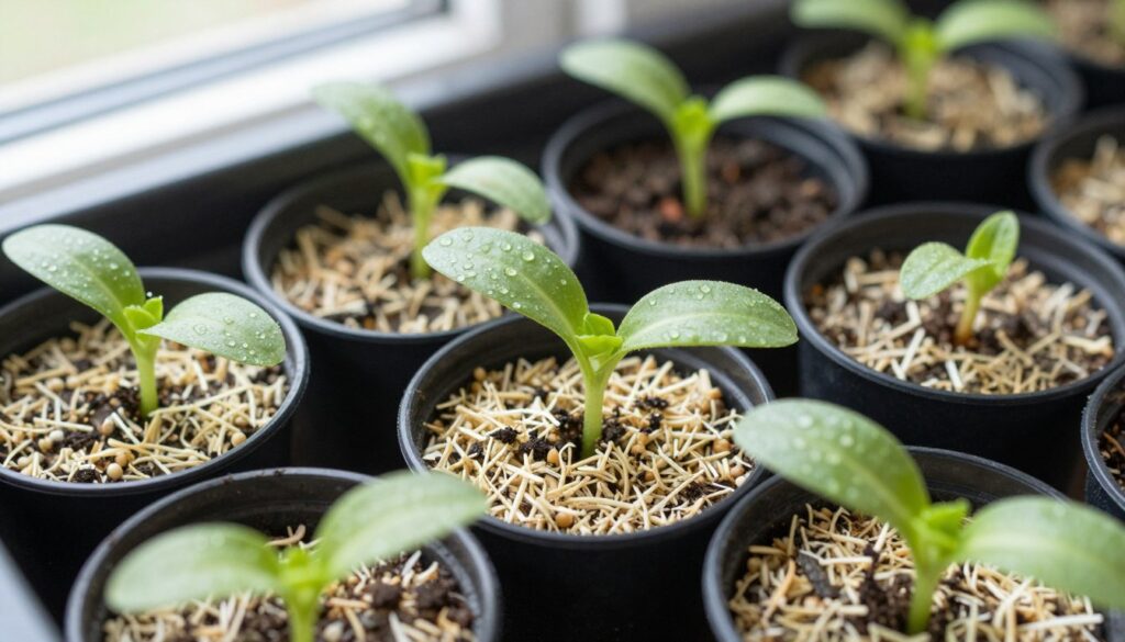 Seedlings growing in fine-textured seed starting mix in small containers Seedlings growing in fine-textured seed starting mix in small containers