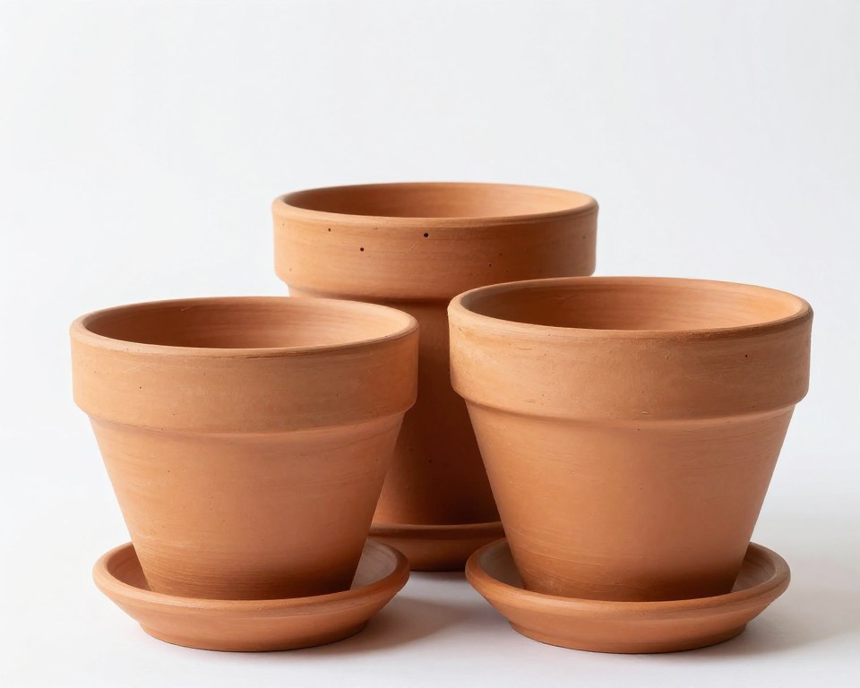 Set of terracotta pots with drainage saucers for herbs