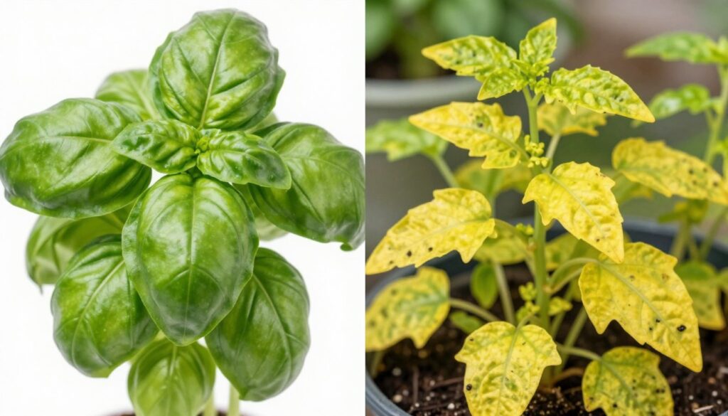 Side-by-side comparison of healthy herbs versus common problems like yellowing and leggy growth