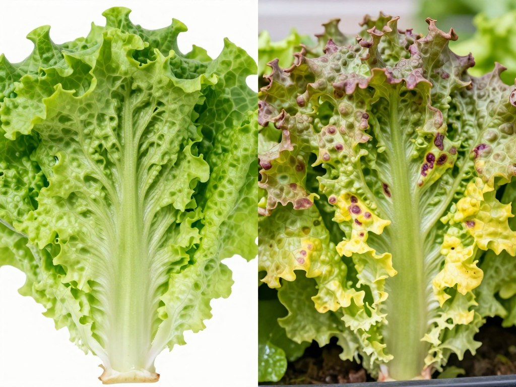 Side-by-side comparison of healthy lettuce and lettuce showing nutrient deficiency symptoms Side-by-side comparison of healthy lettuce and lettuce showing nutrient deficiency symptoms