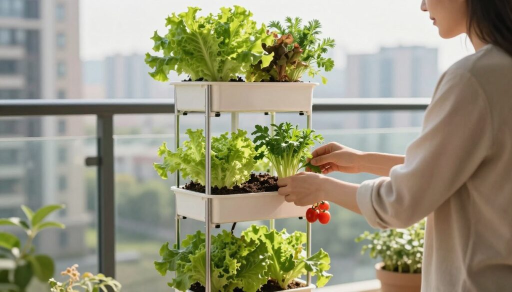Small apartment balcony with compact hydroponic garden growing fresh vegetables and herbs