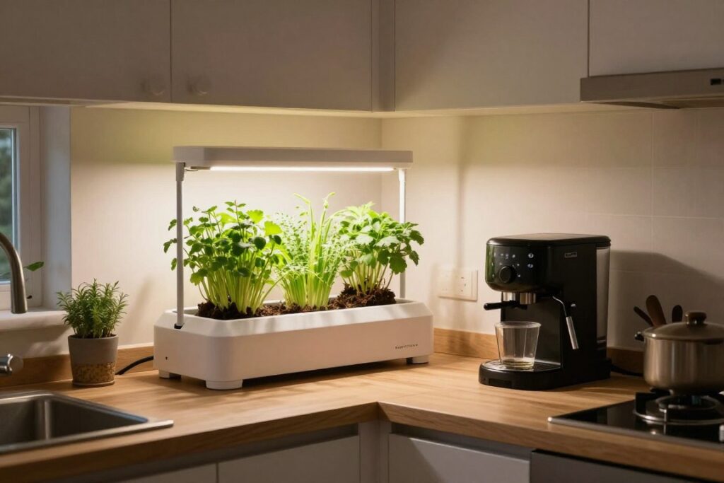 Small apartment kitchen with space-efficient hydroponic herb garden Small apartment kitchen with space-efficient hydroponic herb garden