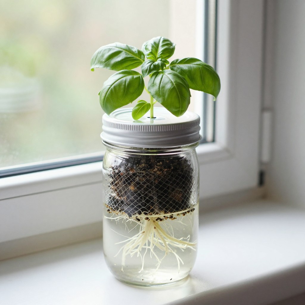 Small mason jar Kratky setup for herbs