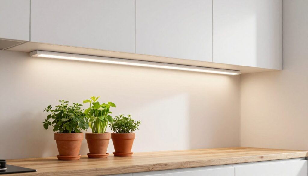 Soltech Grove LED grow light bar mounted under kitchen cabinet illuminating counter herbs