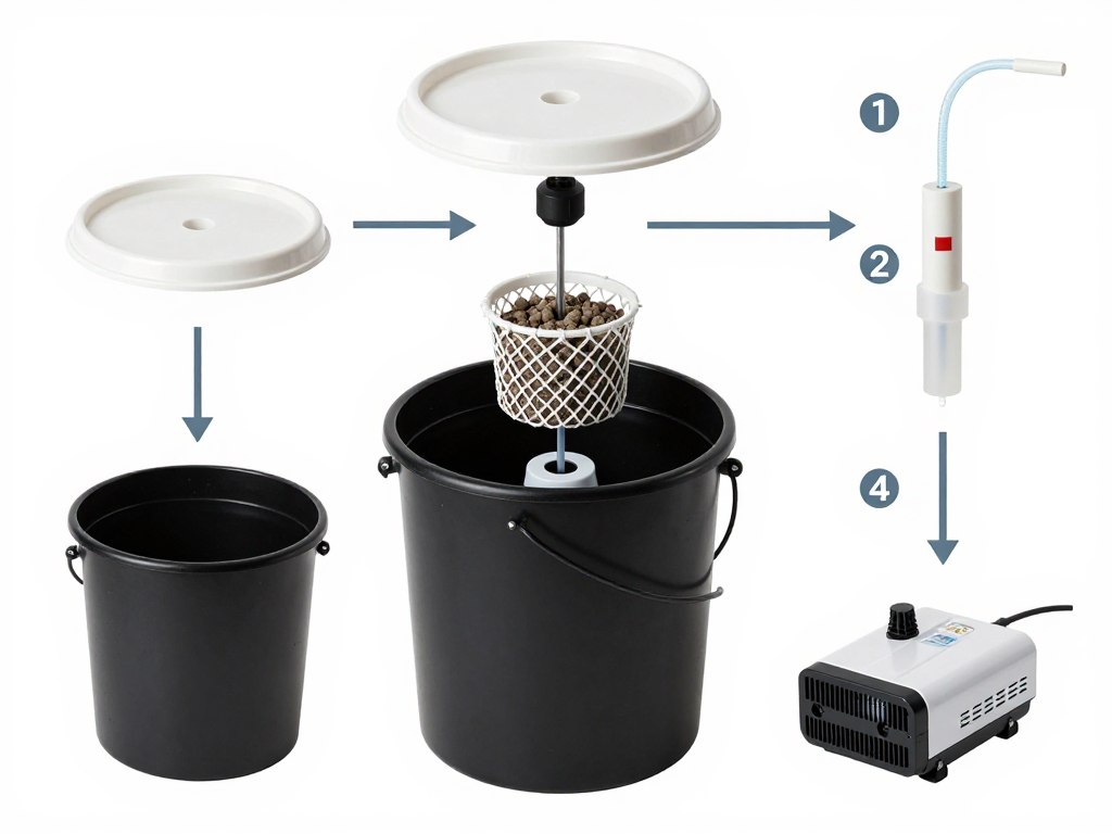 Step-by-step assembly of a basic DWC hydroponic system with bucket, net pot, and air stone