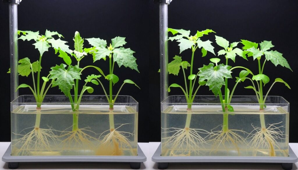 Successful Kratky system after one week showing healthy plant growth Successful Kratky system after one week showing healthy plant growth