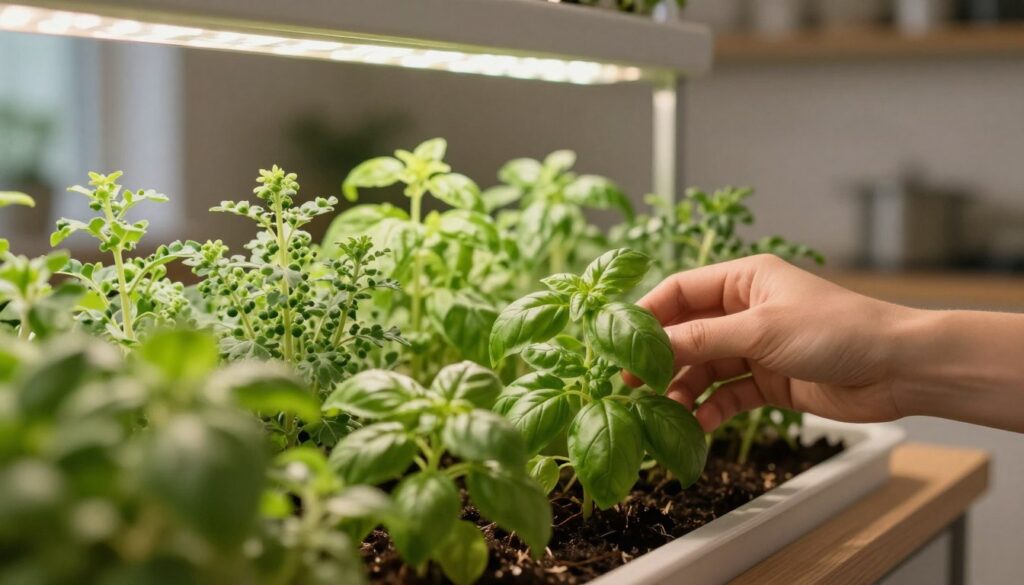 Successful indoor herb garden flourishing under LED grow lights with harvest-ready herbs