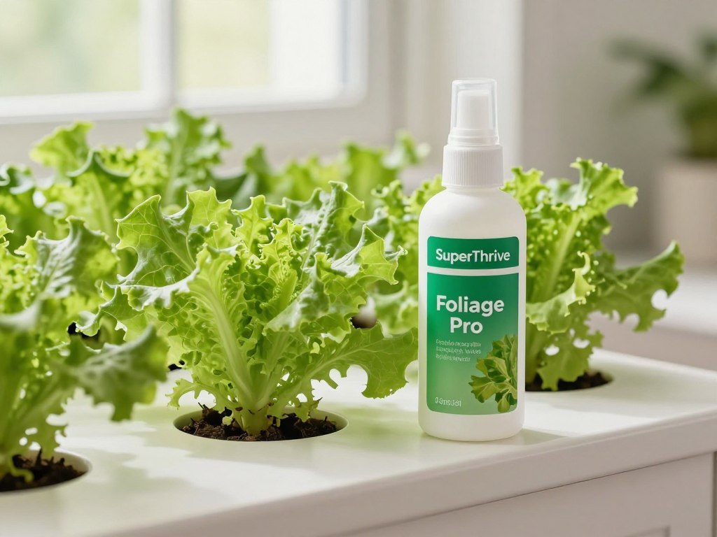 SuperThrive Foliage Pro nutrient bottle next to healthy lettuce plants in hydroponic system SuperThrive Foliage Pro nutrient bottle next to healthy lettuce plants in hydroponic system
