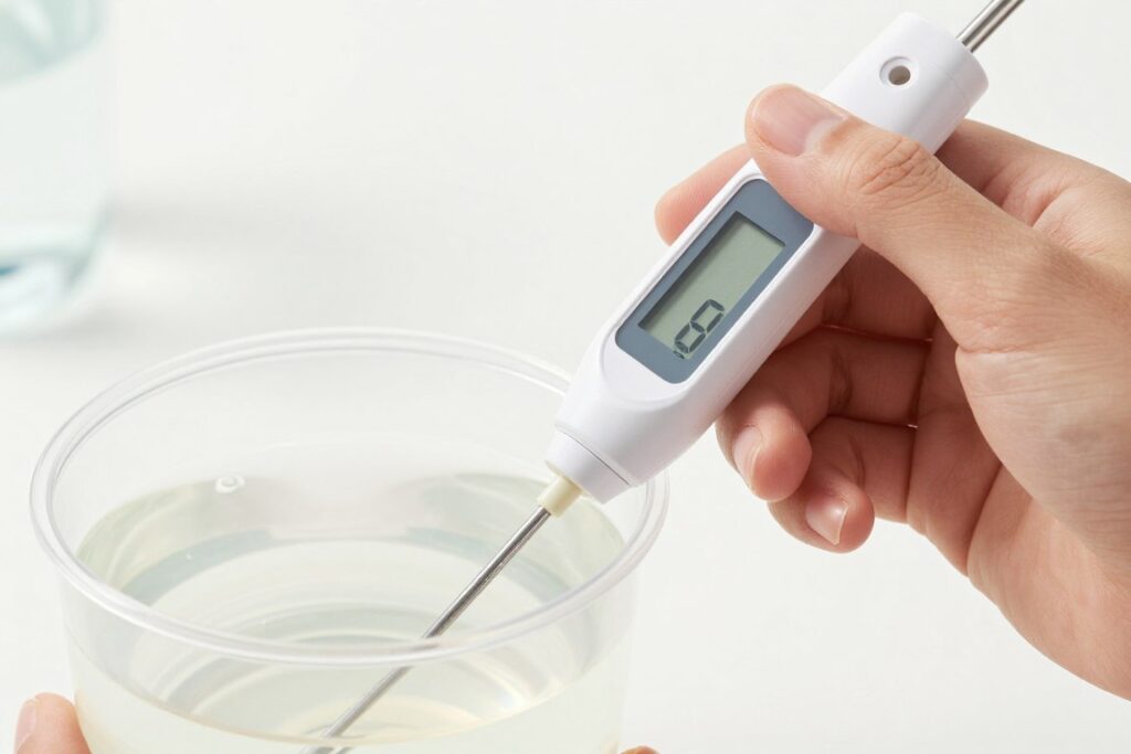 Testing pH of nutrient solution with digital pH meter Testing pH of nutrient solution with digital pH meter