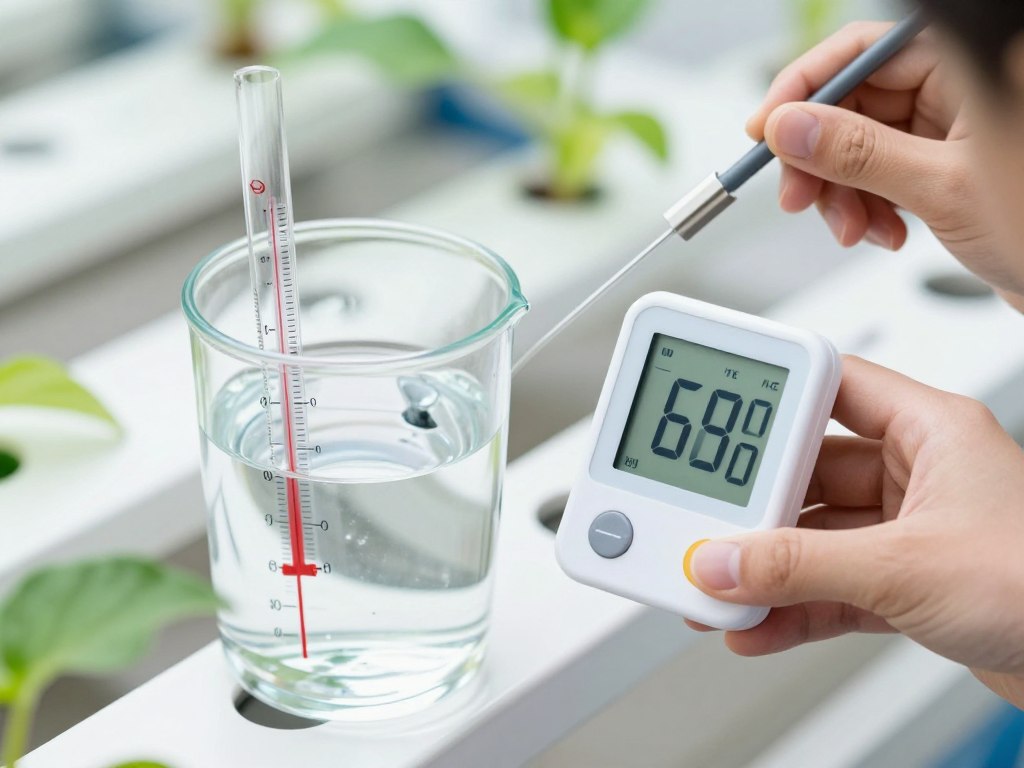 Thermometer measuring water temperature in Kratky container Thermometer measuring water temperature in Kratky container