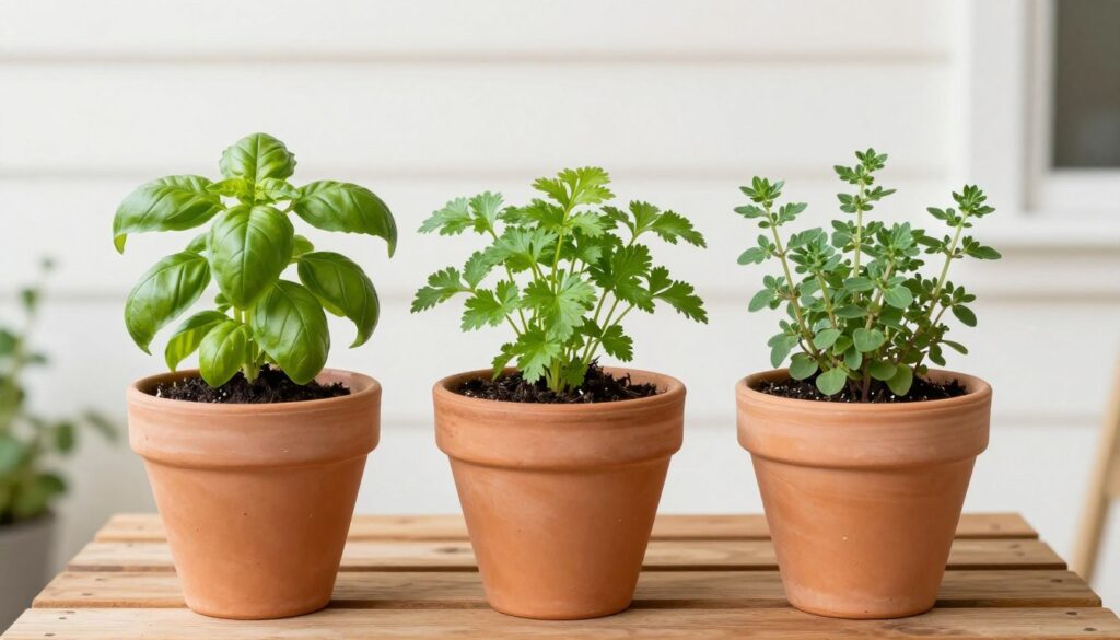 Three different herbs growing in containers arranged on a small patio table Three different herbs growing in containers arranged on a small patio table