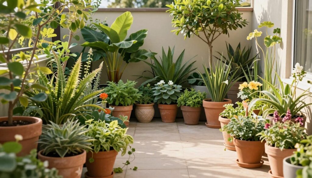 Thriving container garden with healthy plants in various pots Thriving container garden with healthy plants in various pots