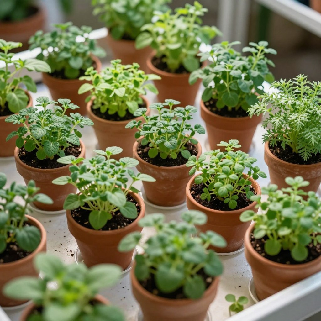 Thriving indoor herb garden under LED grow lights showing healthy basil plants