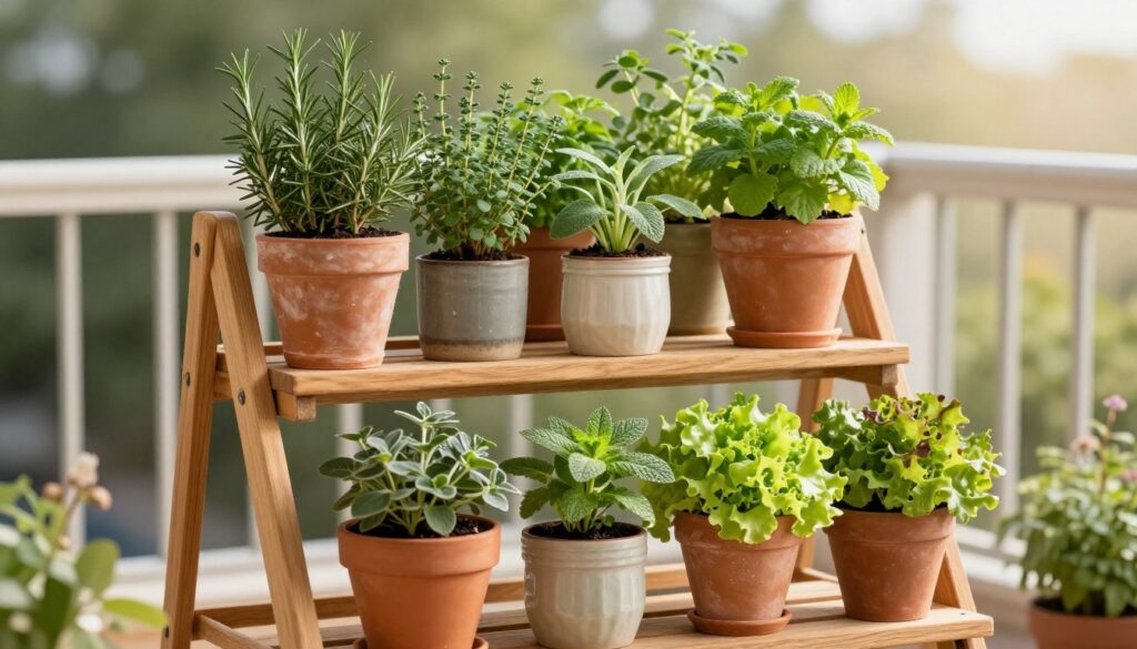 Tiered wooden plant stand on balcony with multiple levels of herbs and salad greens in containers
