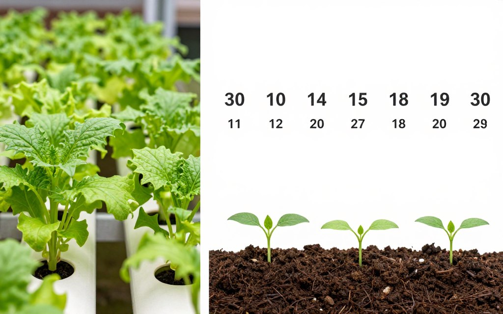 Time-lapse comparison showing faster growth in hydroponic vs soil systems