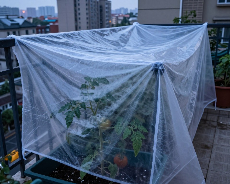 Tomato plant protected with frost cover on balcony