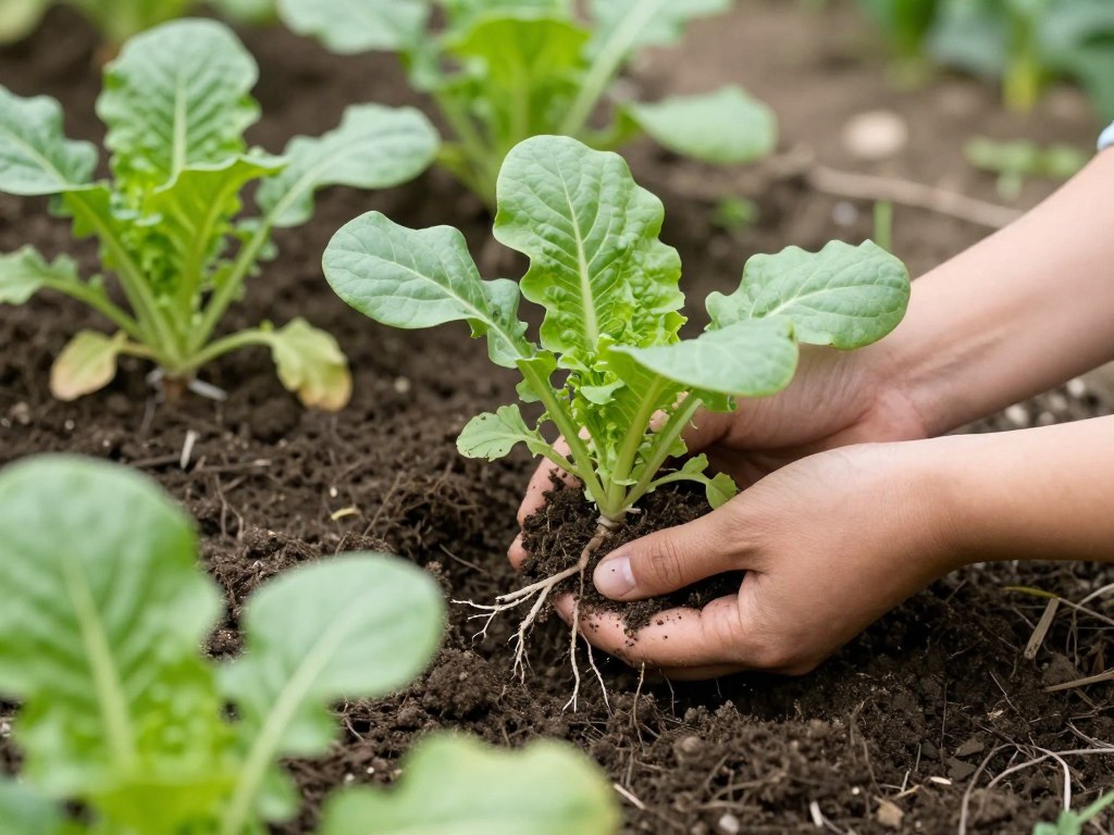 Traditional soil gardening with healthy vegetable plants growing in rich organic soil