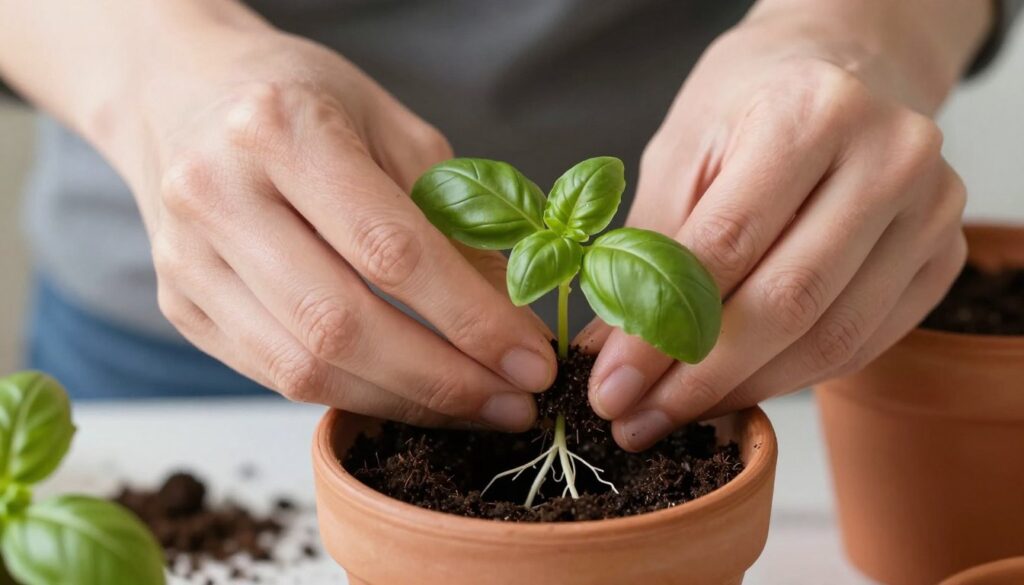 Transplanting herb seedling into prepared container Transplanting herb seedling into prepared container