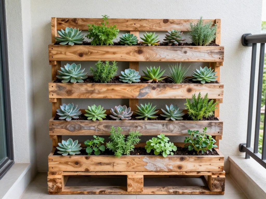 Upcycled pallet vertical garden with succulents and herbs