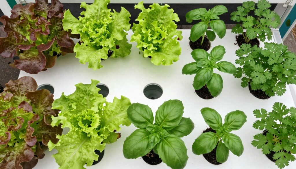 Variety of herbs and lettuce growing in hydroponic system Variety of herbs and lettuce growing in hydroponic system