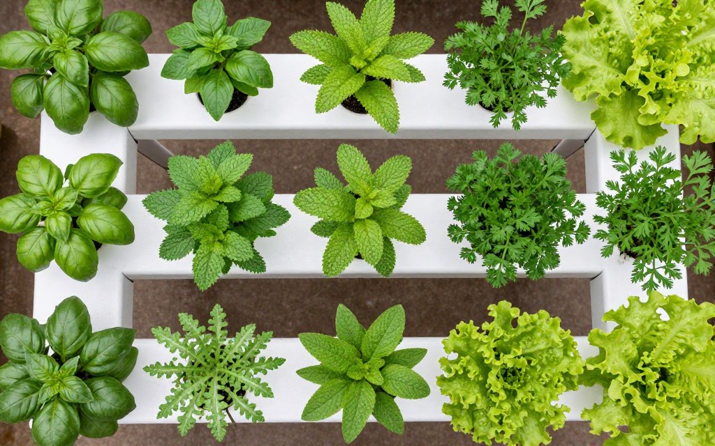 Variety of herbs growing successfully in hydroponic garden Variety of herbs growing successfully in hydroponic garden