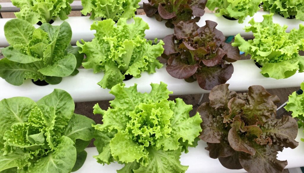 Variety of hydroponic lettuce types including romaine, butterhead, and red leaf lettuce in growing system