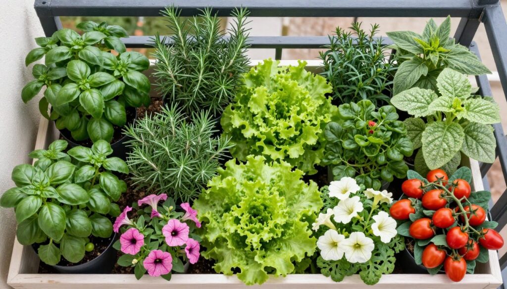 Variety of plants thriving in vertical balcony garden