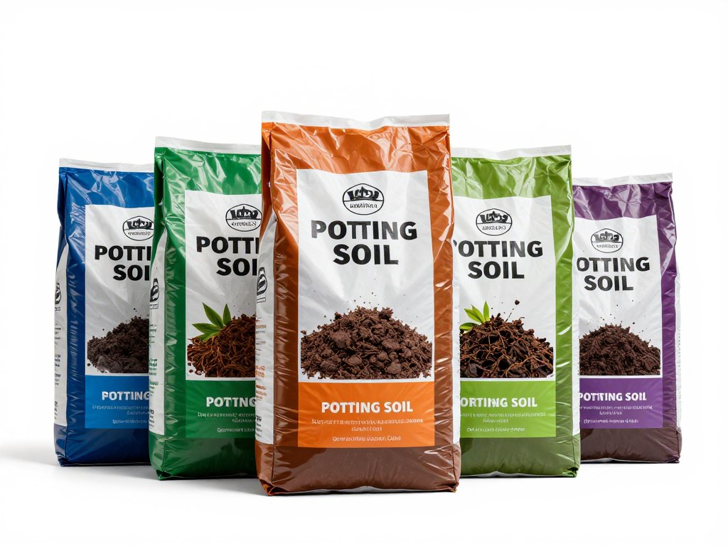 Various bags of commercial potting soil lined up showing different brands Various bags of commercial potting soil lined up showing different brands
