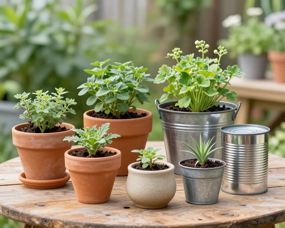 Various container types suitable for windowsill herb gardens Various container types suitable for windowsill herb gardens