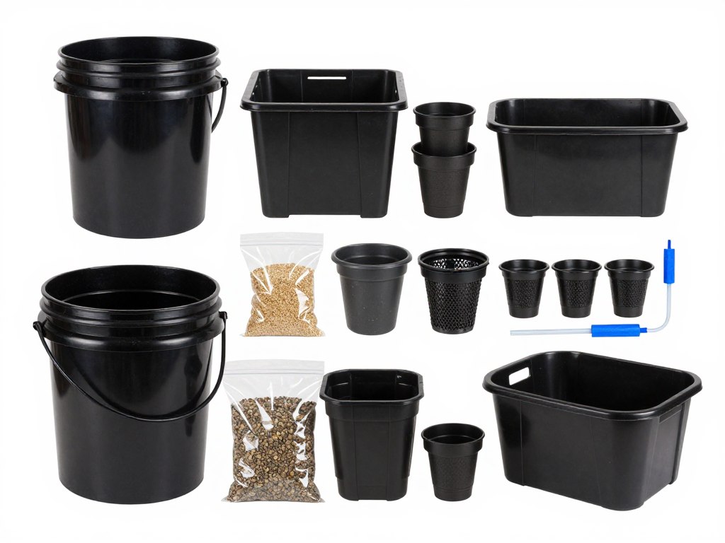 Various hydroponic containers including buckets, totes, and net pots arranged with growing medium