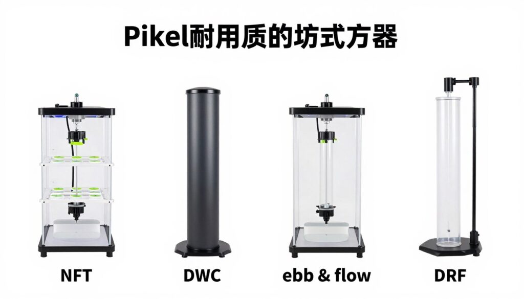 Various hydroponic system types displayed side by side for comparison Various hydroponic system types displayed side by side for comparison