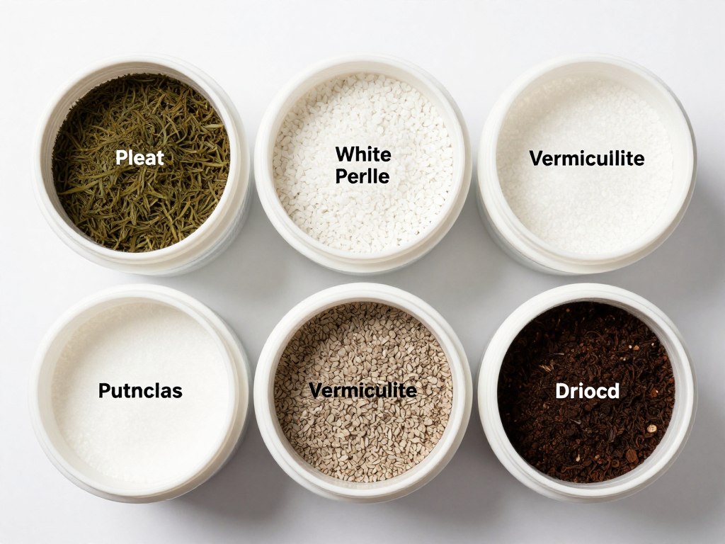 Various potting soil ingredients displayed in separate containers showing peat moss, perlite, vermiculite, and compost Various potting soil ingredients displayed in separate containers showing peat moss, perlite, vermiculite, and compost