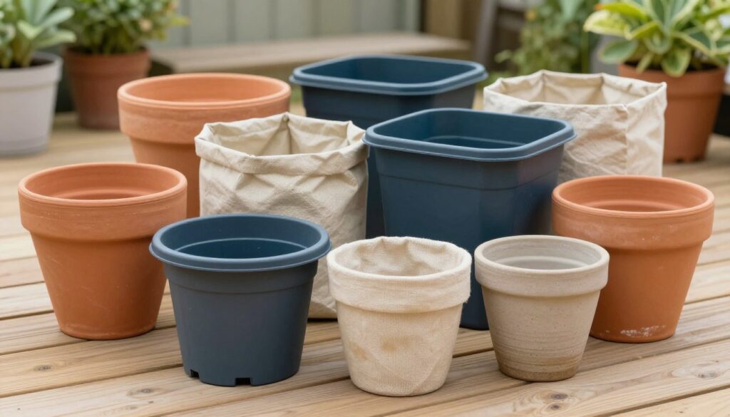 Various types of containers suitable for growing tomatoes including fabric pots and ceramic planters