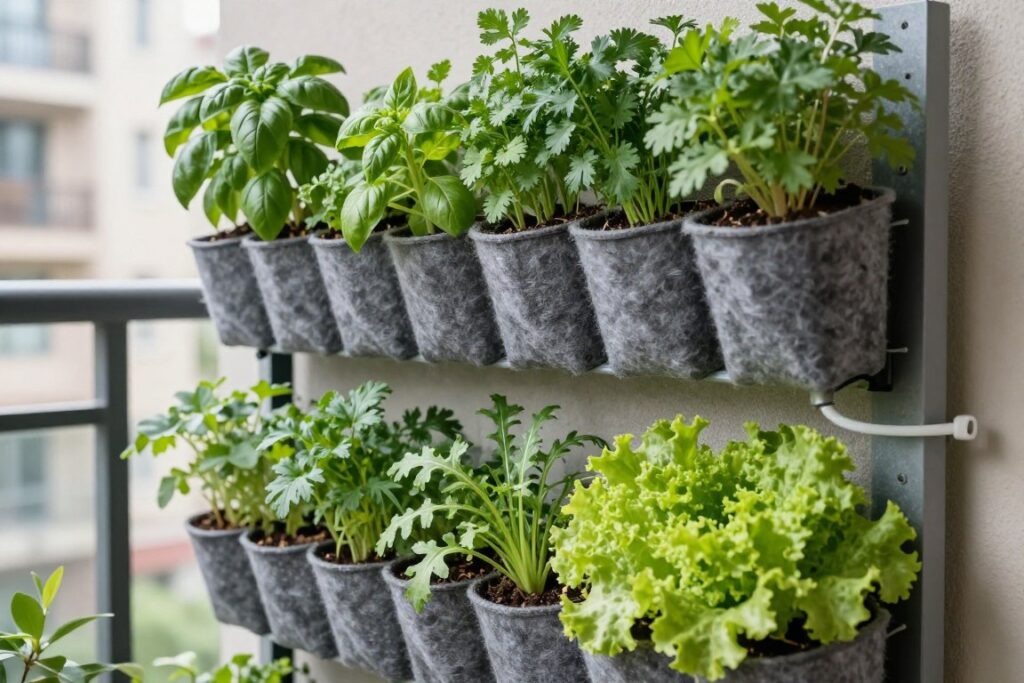 Vertical garden wall on balcony with multiple levels of leafy greens and herbs growing in pocket planters