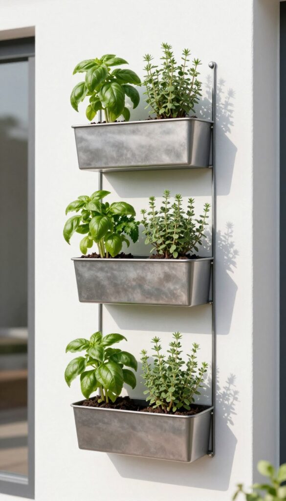 Vertical herb garden with multiple tiers of plants on a wall Vertical herb garden with multiple tiers of plants on a wall