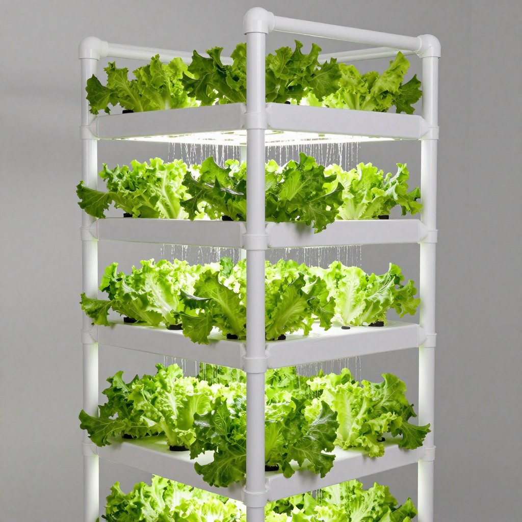Vertical hydroponic garden tower with multiple levels of lettuce Vertical hydroponic garden tower with multiple levels of lettuce