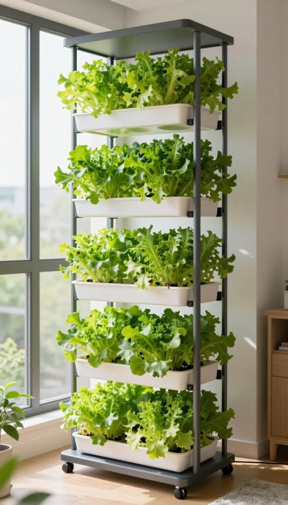 Vertical hydroponic tower system in small apartment space