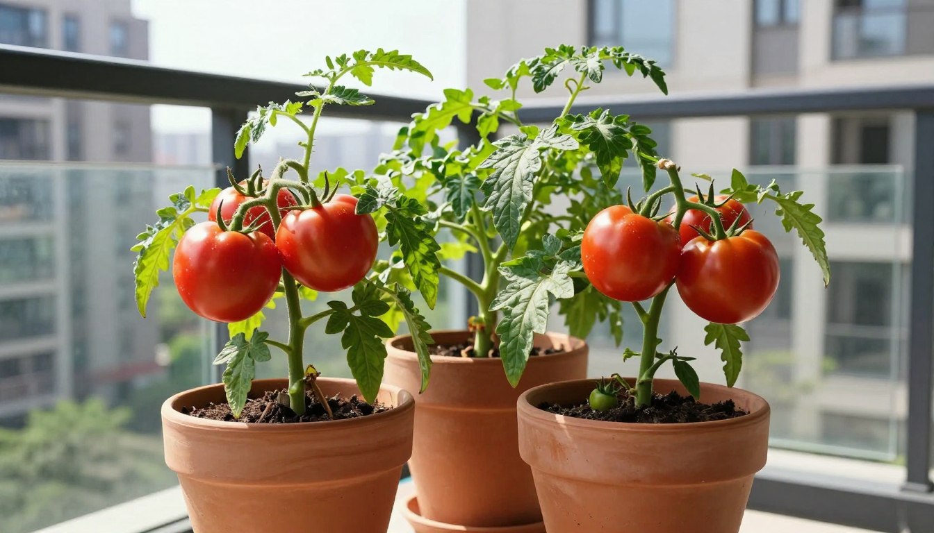 Vibrant red tomatoes growing in containers on a sunny urban balcony