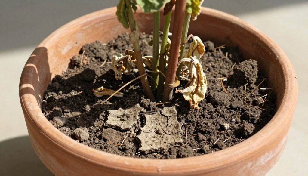 Wilted plant in container showing dry soil pulling away from pot sides Wilted plant in container showing dry soil pulling away from pot sides