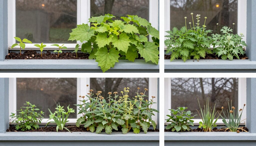 Windowsill herb garden through different seasons Windowsill herb garden through different seasons