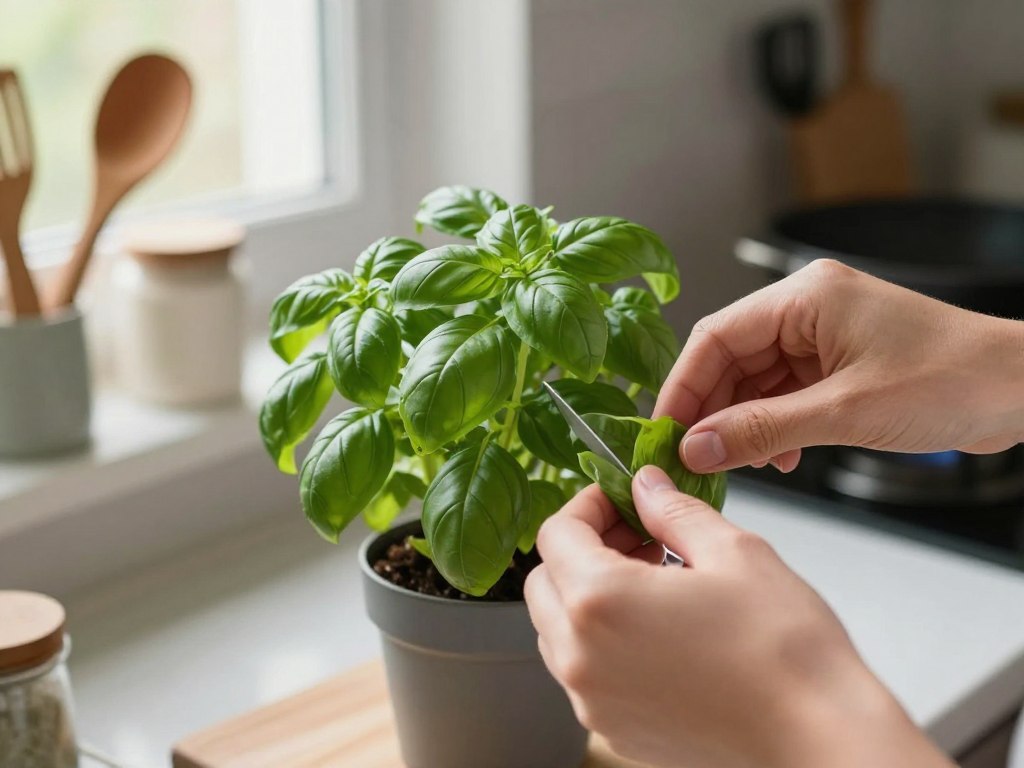 Woman harvesting fresh basil from indoor herb garden in small kitchen space