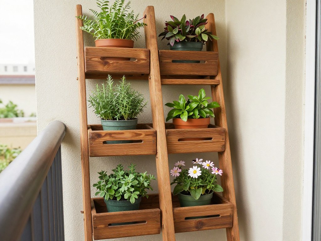 Wooden ladder shelf garden with potted herbs and vegetables