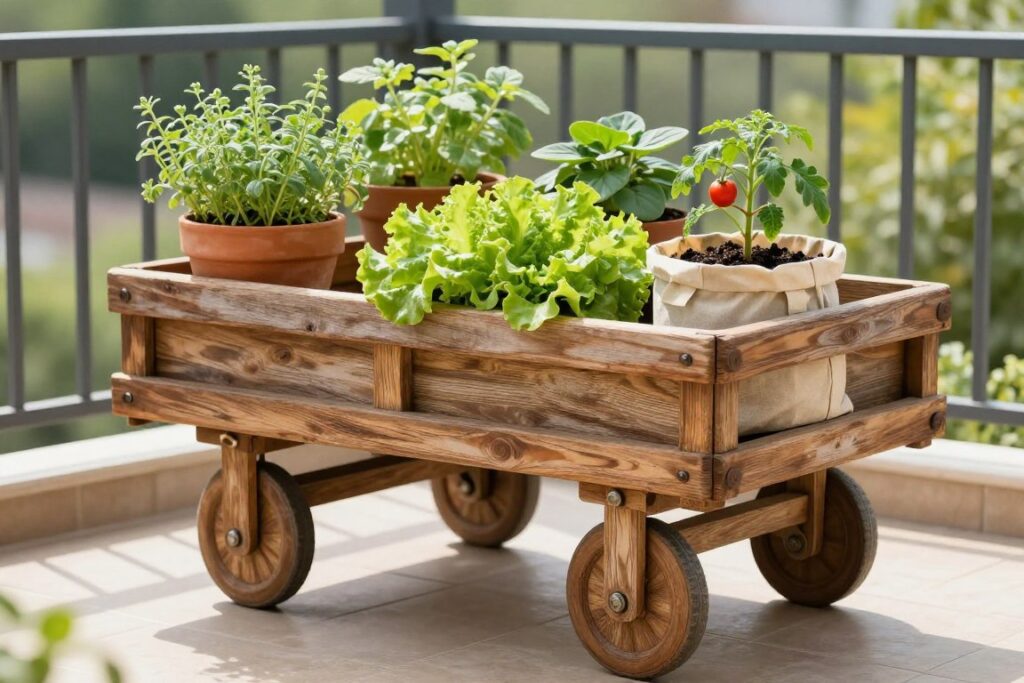 Wooden rolling cart with wheels on balcony holding several containers with vegetables and herbs