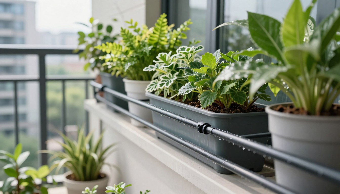balcony drip irrigation system setup with plants and tubing