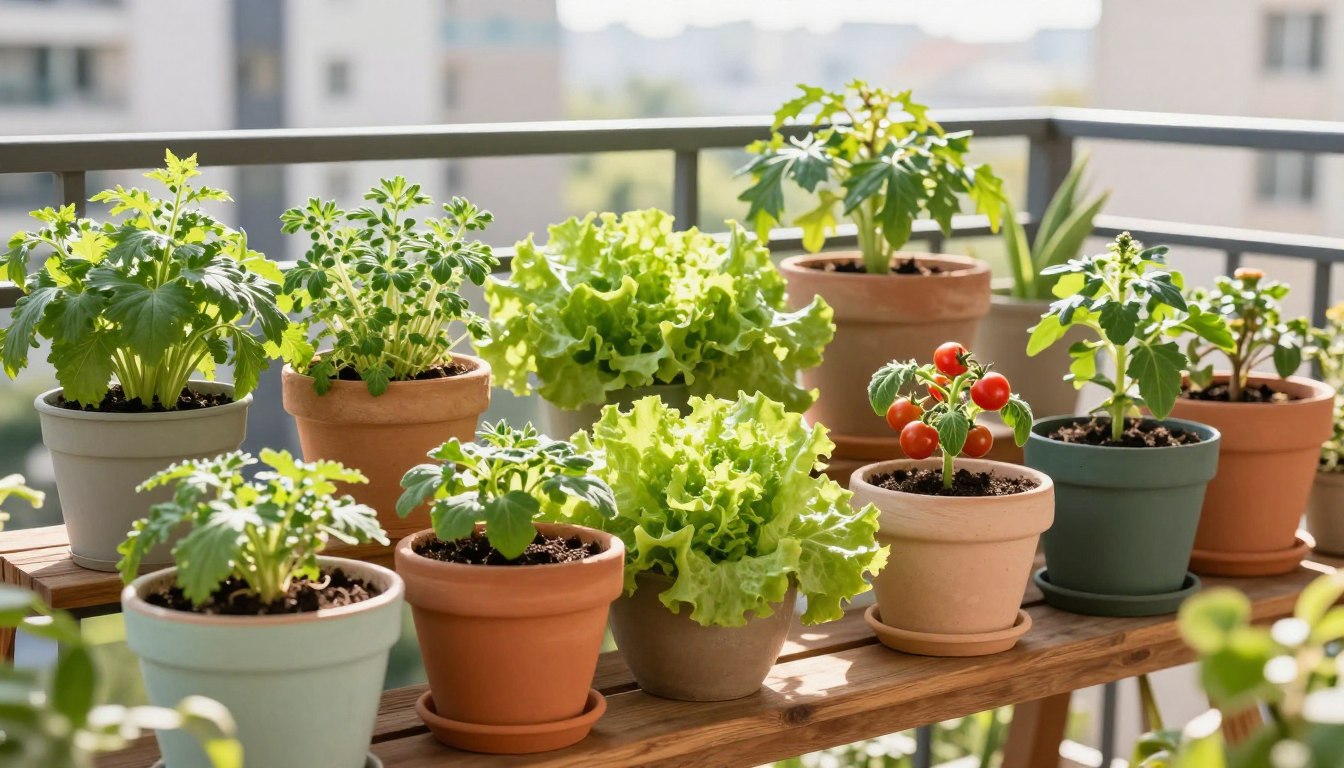 beginner balcony garden with colorful containers and fresh herbs