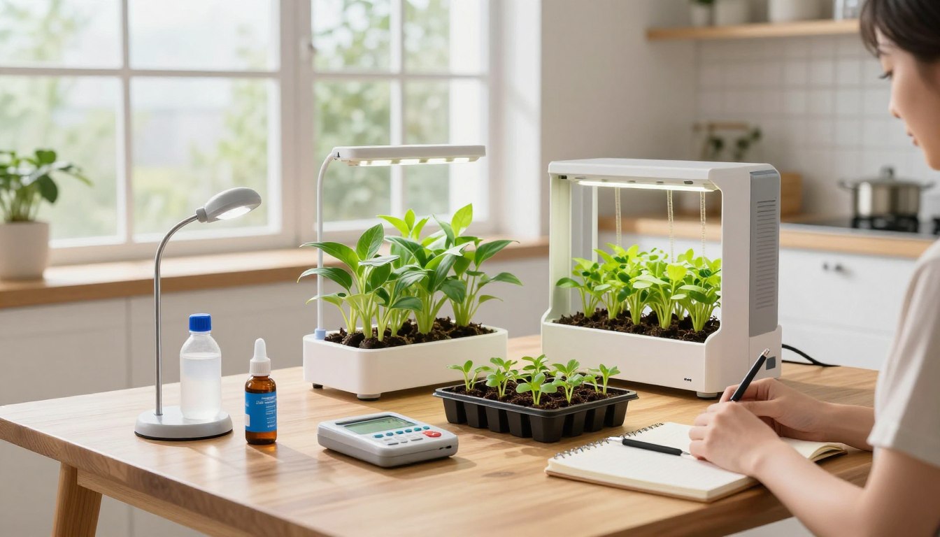 beginner examining hydroponic garden setup with various equipment on table