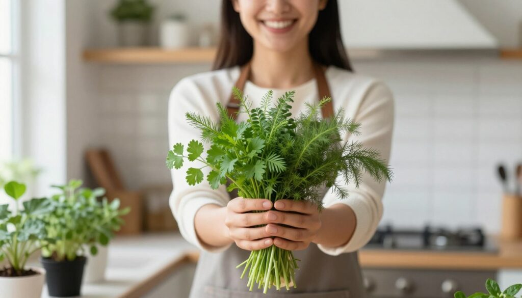 beginner proudly holding freshly harvested herbs from their first indoor garden